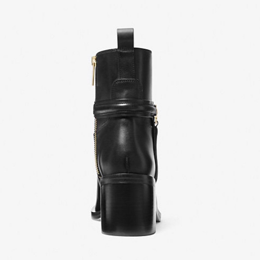 Michael Kors Mindy Leather Ankle Black Heeled Boots with Gold Hardware - Picture 7 of 8